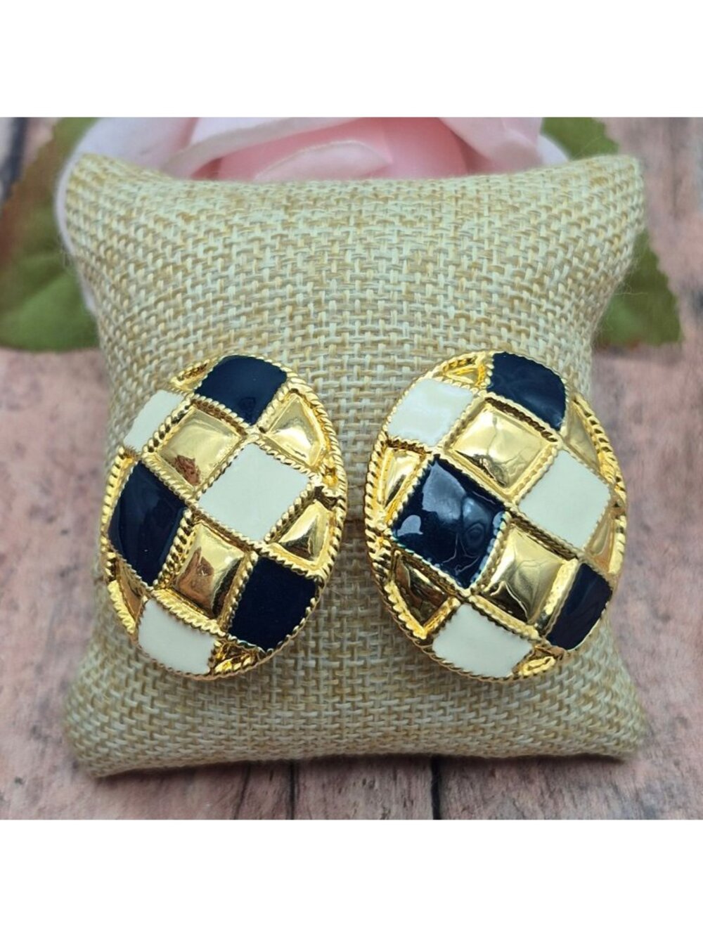 80's Gold Tone Oval Clip On Earrings Blue White Enamel Checkerboard Design 1.5"